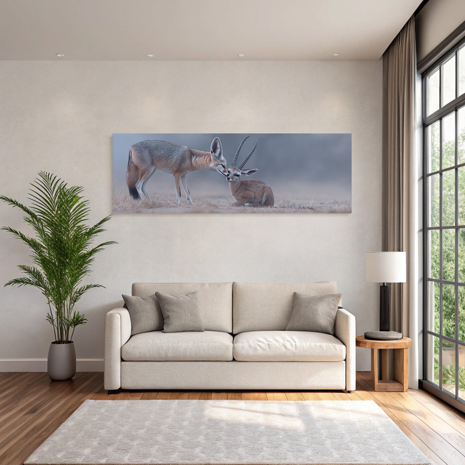 Fennekschleichkatze Und Junge Gazelle Nuzzling In Natur Serde Atmosphere