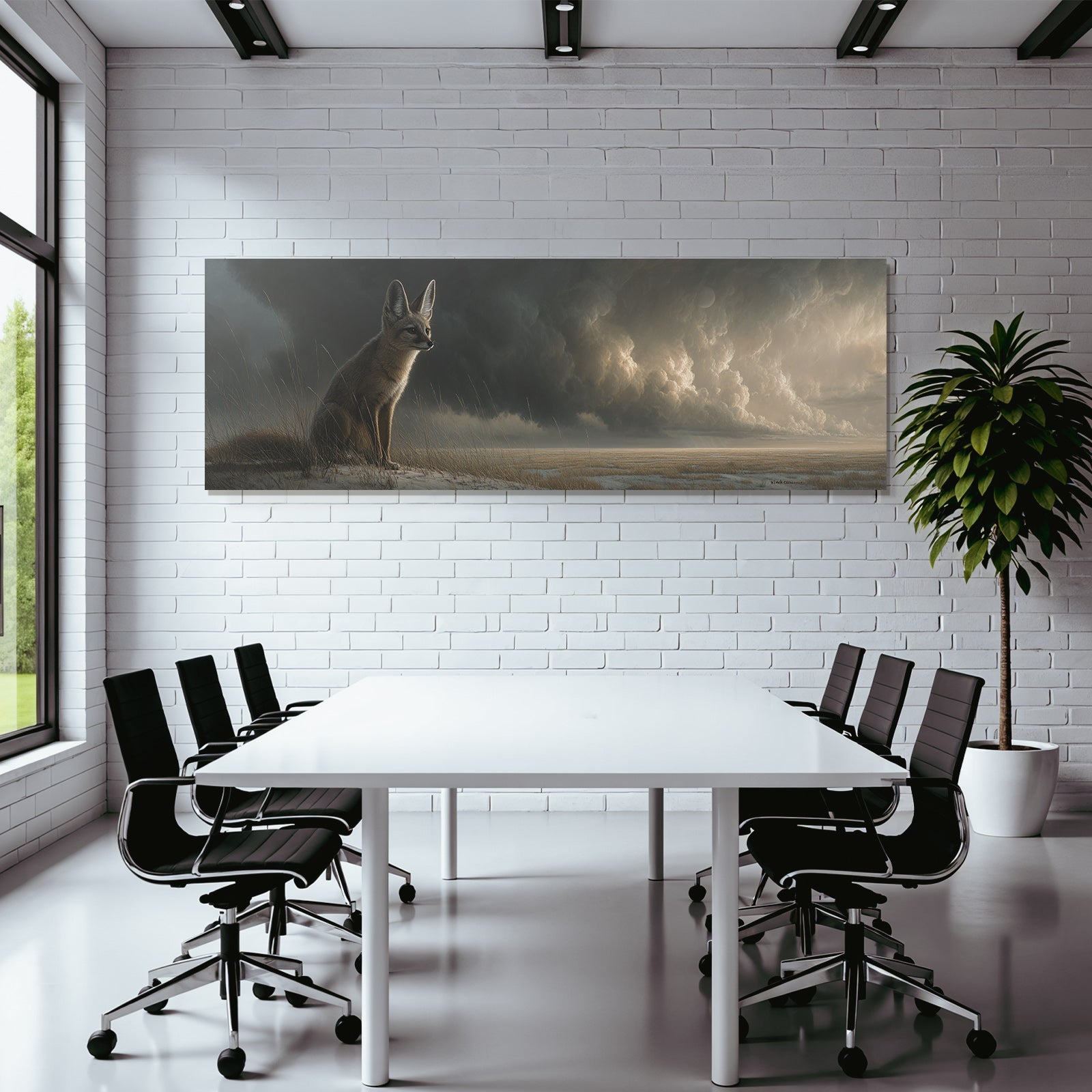 Fox In Open Landscape Moody Sky Digital Artwork