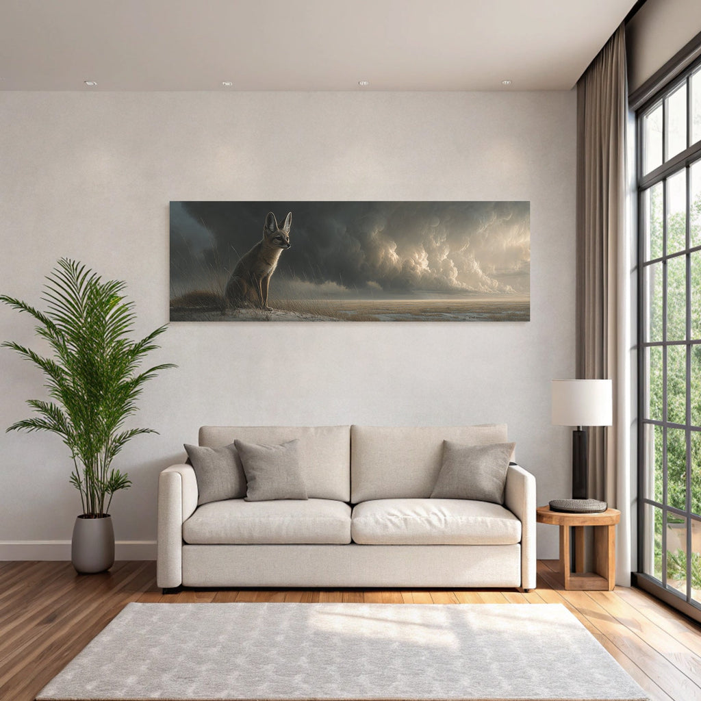 Fox In Open Landscape Moody Sky Digital Artwork
