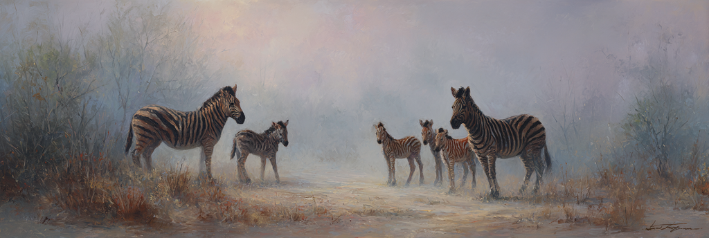 Friedliche Zebras Im Nebligen Landschaftsgemälde | Safari und Wildtiere | Tiere