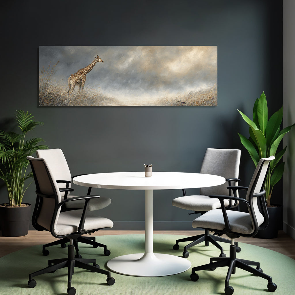 Giraffe In Der Natur Mit Hohem Gras Unter Einem Wolkigen Himmel