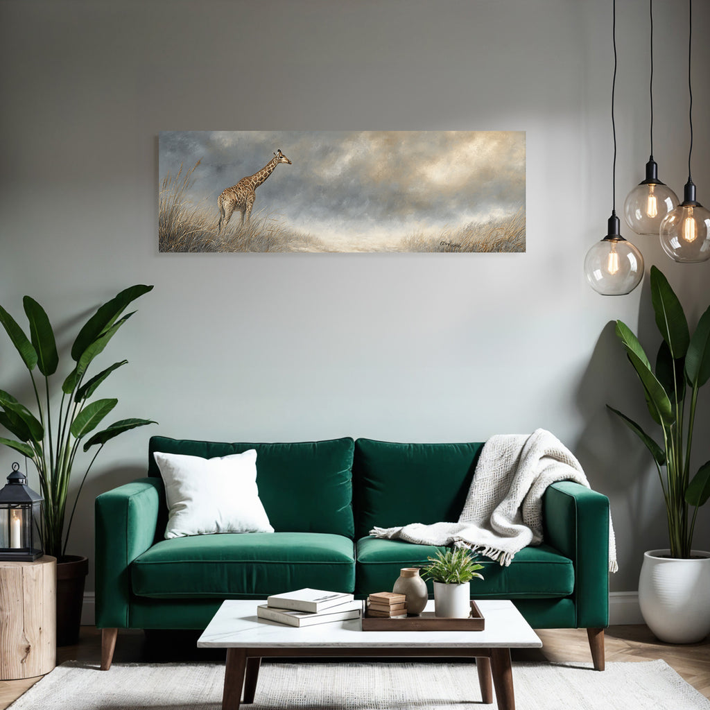 Giraffe In Der Natur Mit Hohem Gras Unter Einem Wolkigen Himmel