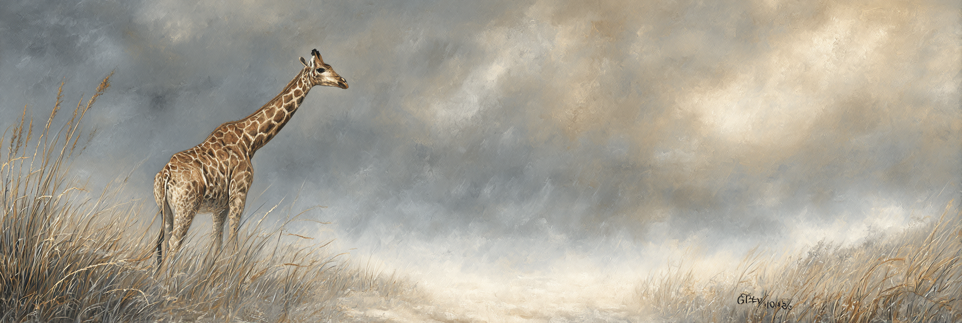 Giraffe In Der Natur Mit Hohem Gras Unter Einem Wolkigen Himmel | Safari und Wildtiere | Tiere