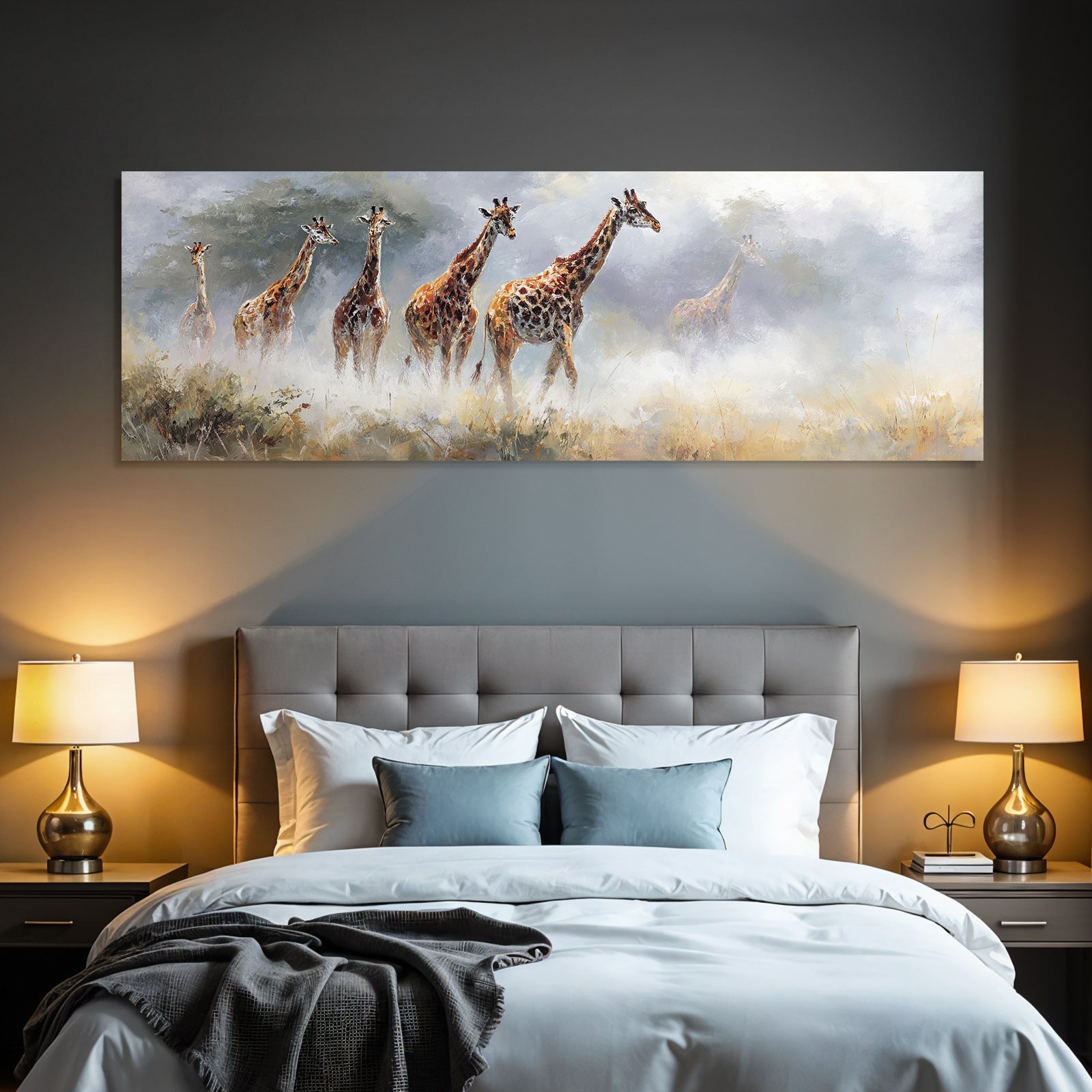 Giraffen Im Nebligen Landschaftsgemälde