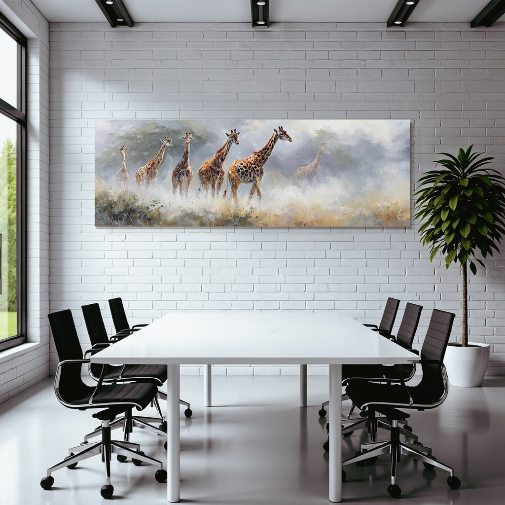 Giraffen Im Nebligen Landschaftsgemälde