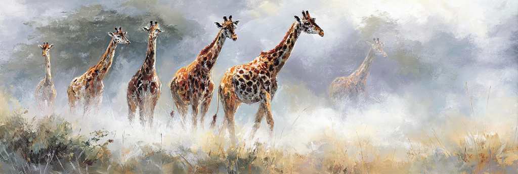 Giraffen Im Nebligen Landschaftsgemälde | Safari und Wildtiere | Tiere