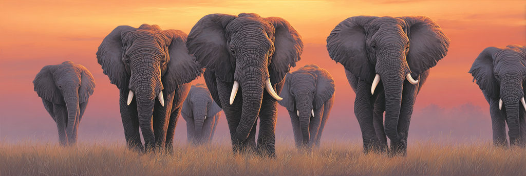 Gruppe Elefanten Walking Durch Grassy Landscape Im Sunset | Safari und Wildtiere | Tiere