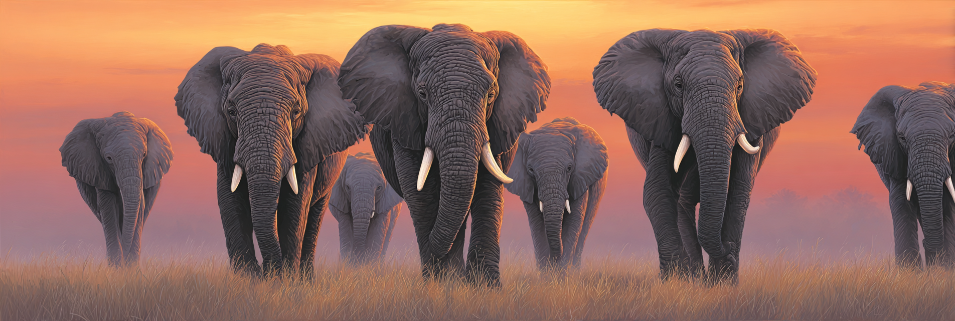 Gruppe Elefanten Walking Durch Grassy Landscape Im Sunset | Safari und Wildtiere | Tiere