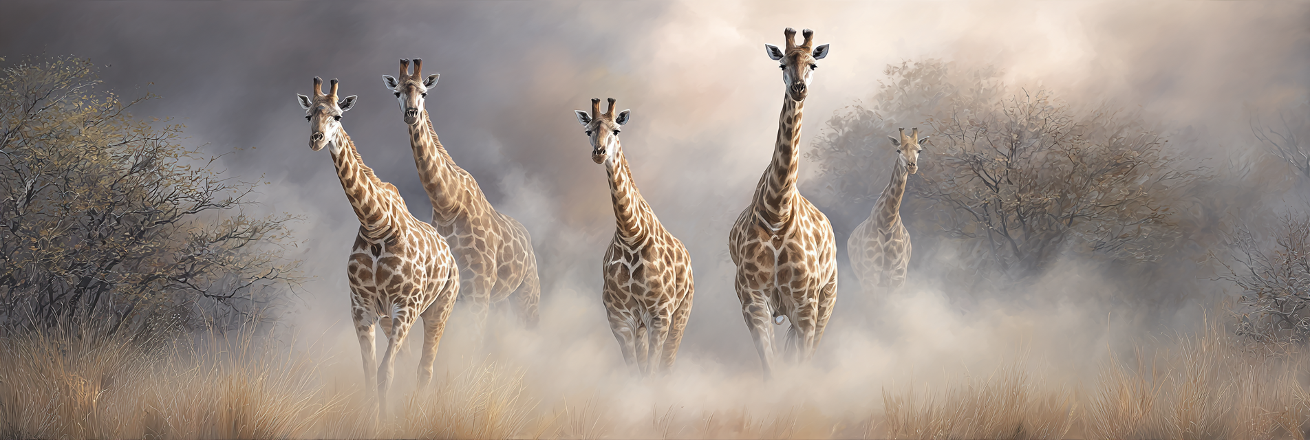Gruppe Von Giraffen In Nebliger Umgebung Graziöser Moment | Safari und Wildtiere | Tiere