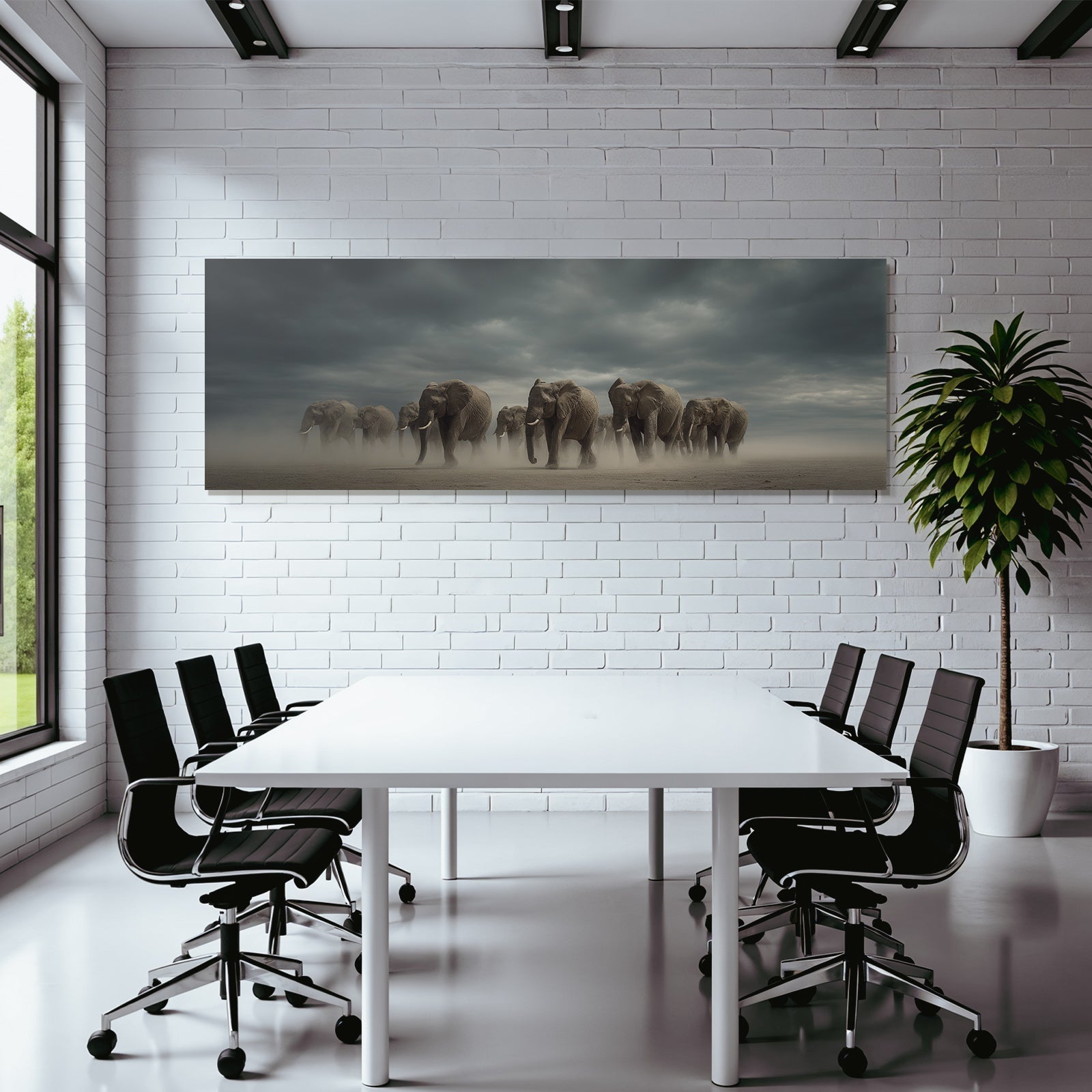Gruppen Von Elefanten Wandern Durch Eine Staubigen Landschaft Unter Einem Dramatischen Himmel