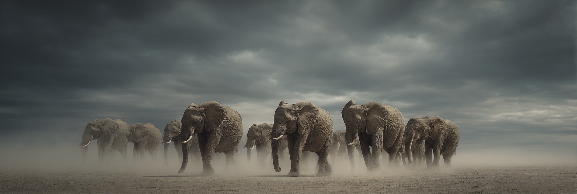 Gruppen Von Elefanten Wandern Durch Eine Staubigen Landschaft Unter Einem Dramatischen Himmel | Safari und Wildtiere | Tiere