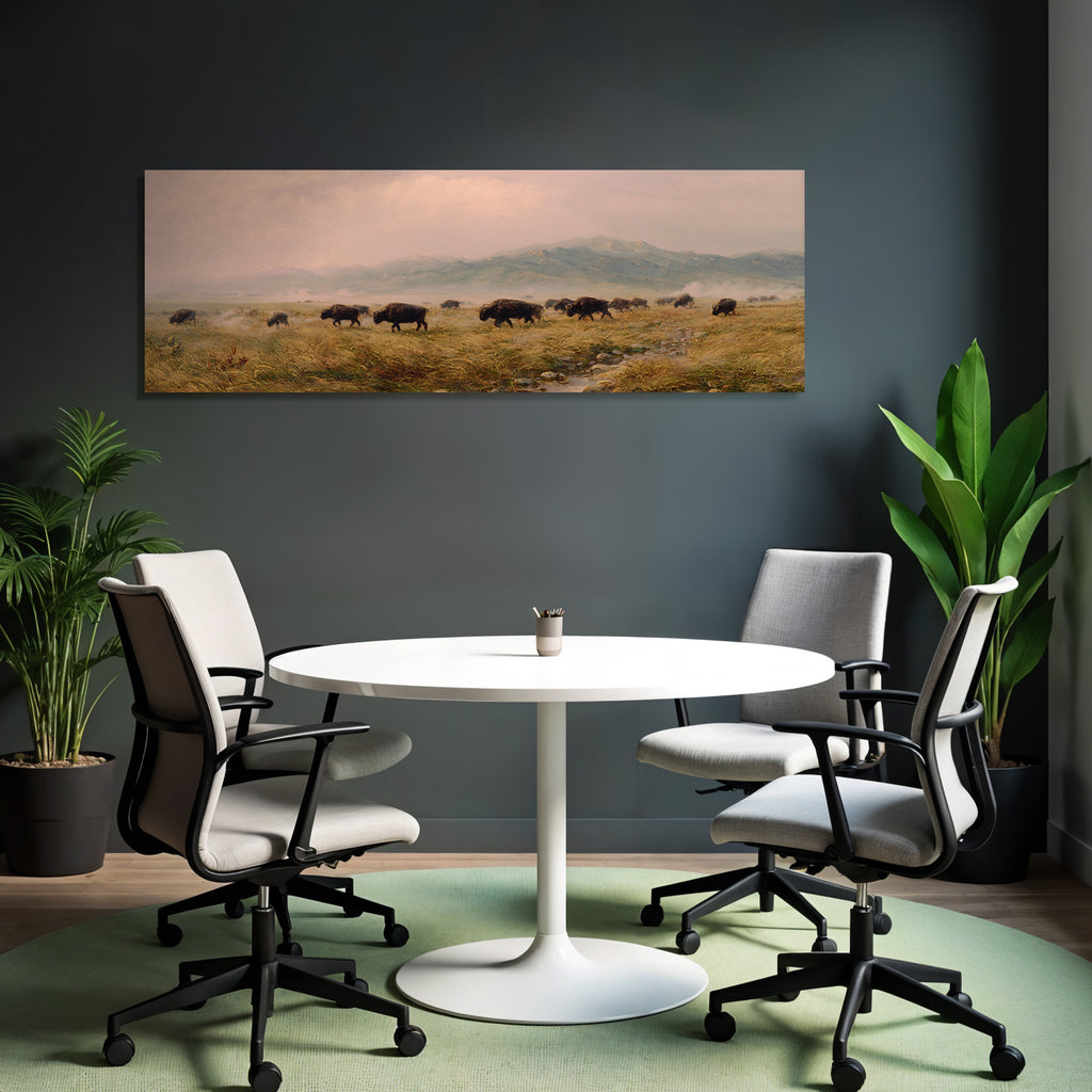 Herde Von Bison In Der Grünen Landschaft Mit Bergen Im Hintergrund
