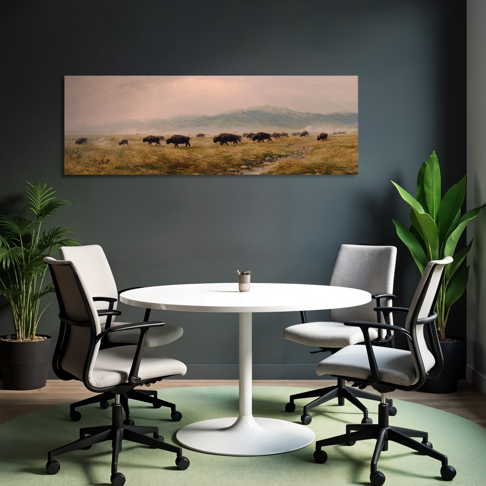 Herde Von Bison In Der Grünen Landschaft Mit Bergen Im Hintergrund