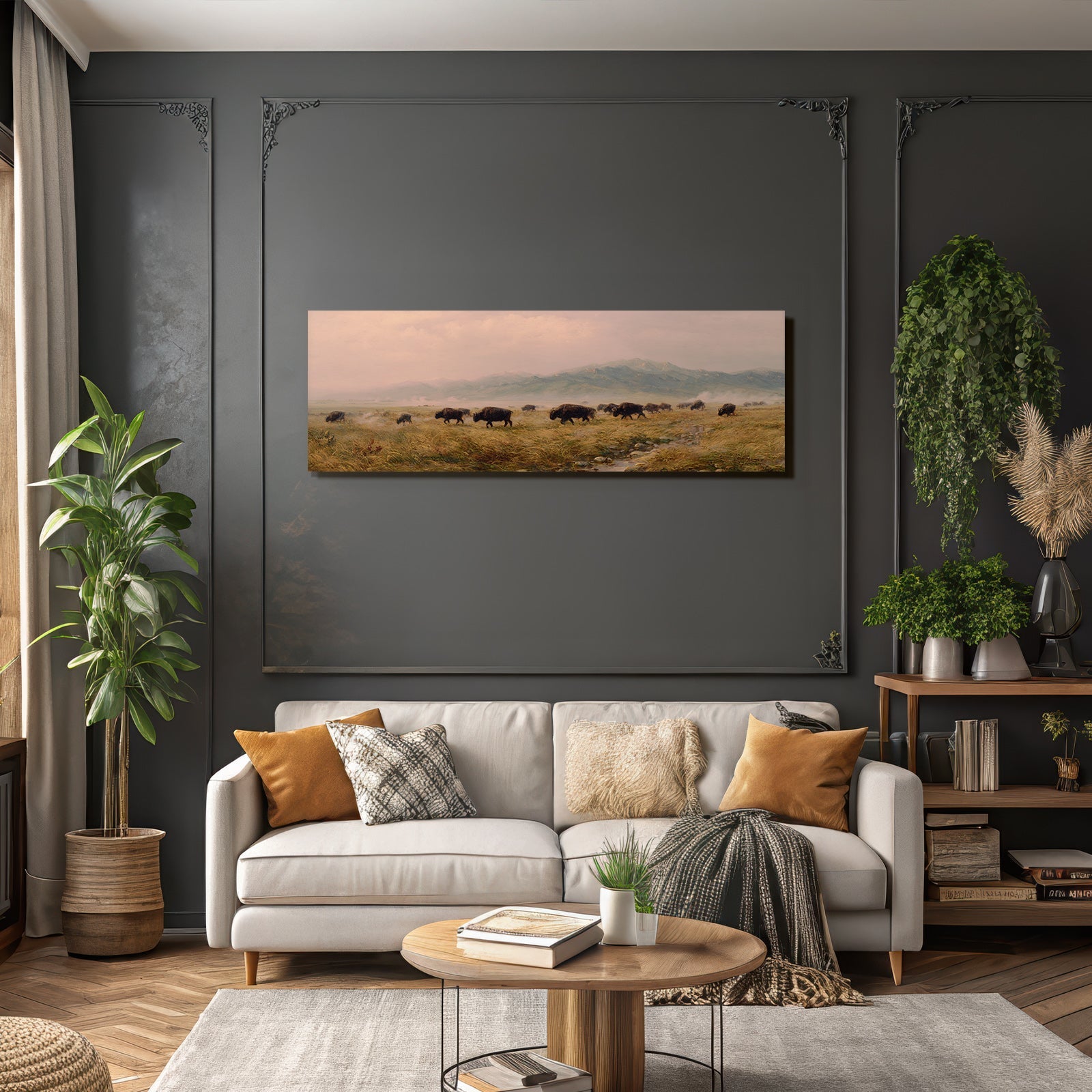 Herde Von Bison In Der Grünen Landschaft Mit Bergen Im Hintergrund