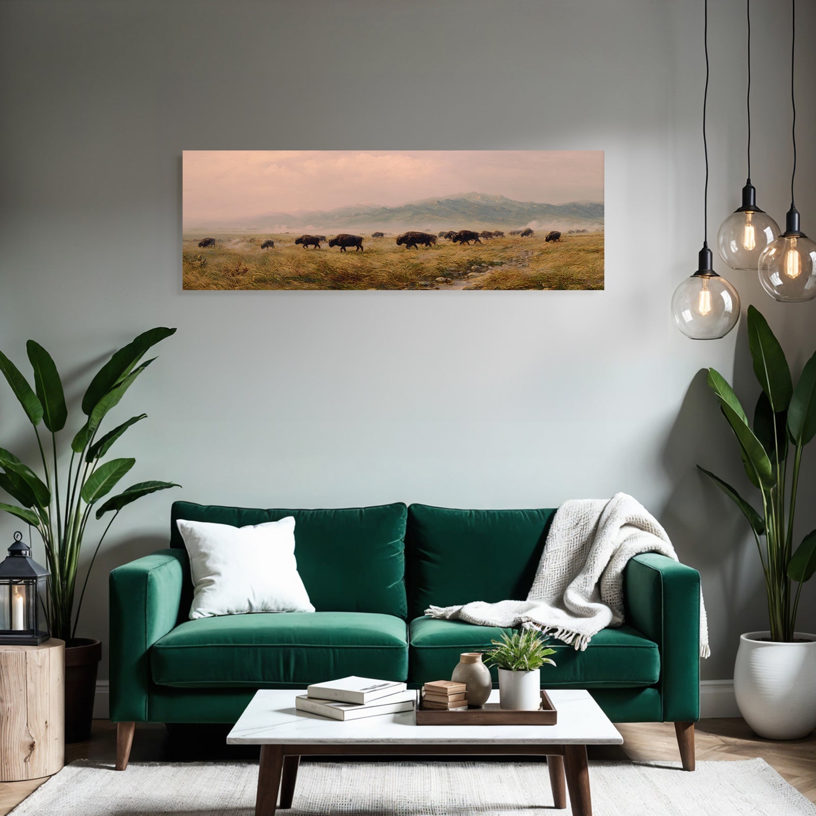 Herde Von Bison In Der Grünen Landschaft Mit Bergen Im Hintergrund