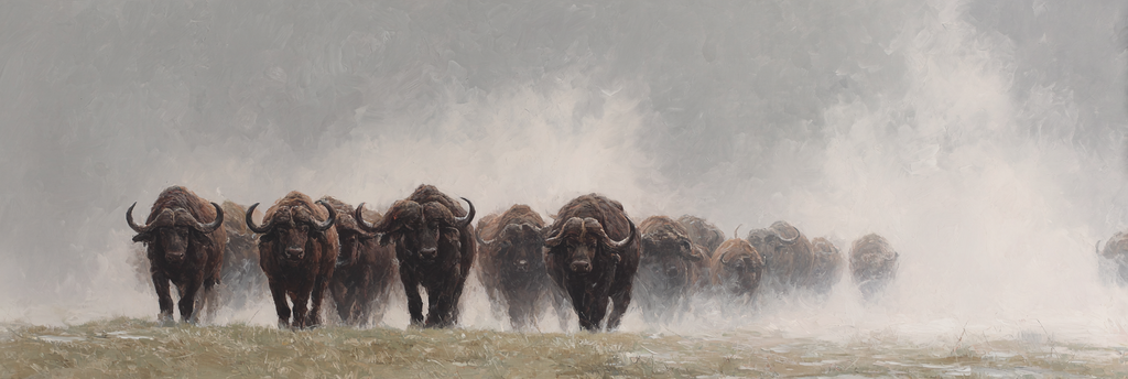 Herde Von Büffeln Im Nebelhaften Landschaftsbild | Safari und Wildtiere | Tiere