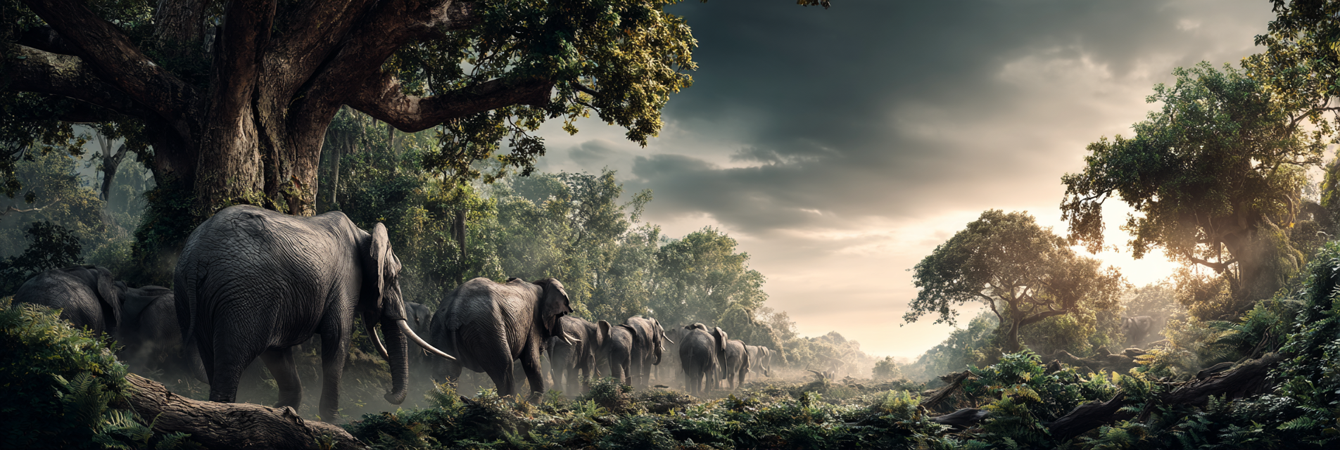 Herde Von Elefanten Im Grünen Wald Mit Dramatischem Himmel | Safari und Wildtiere | Tiere