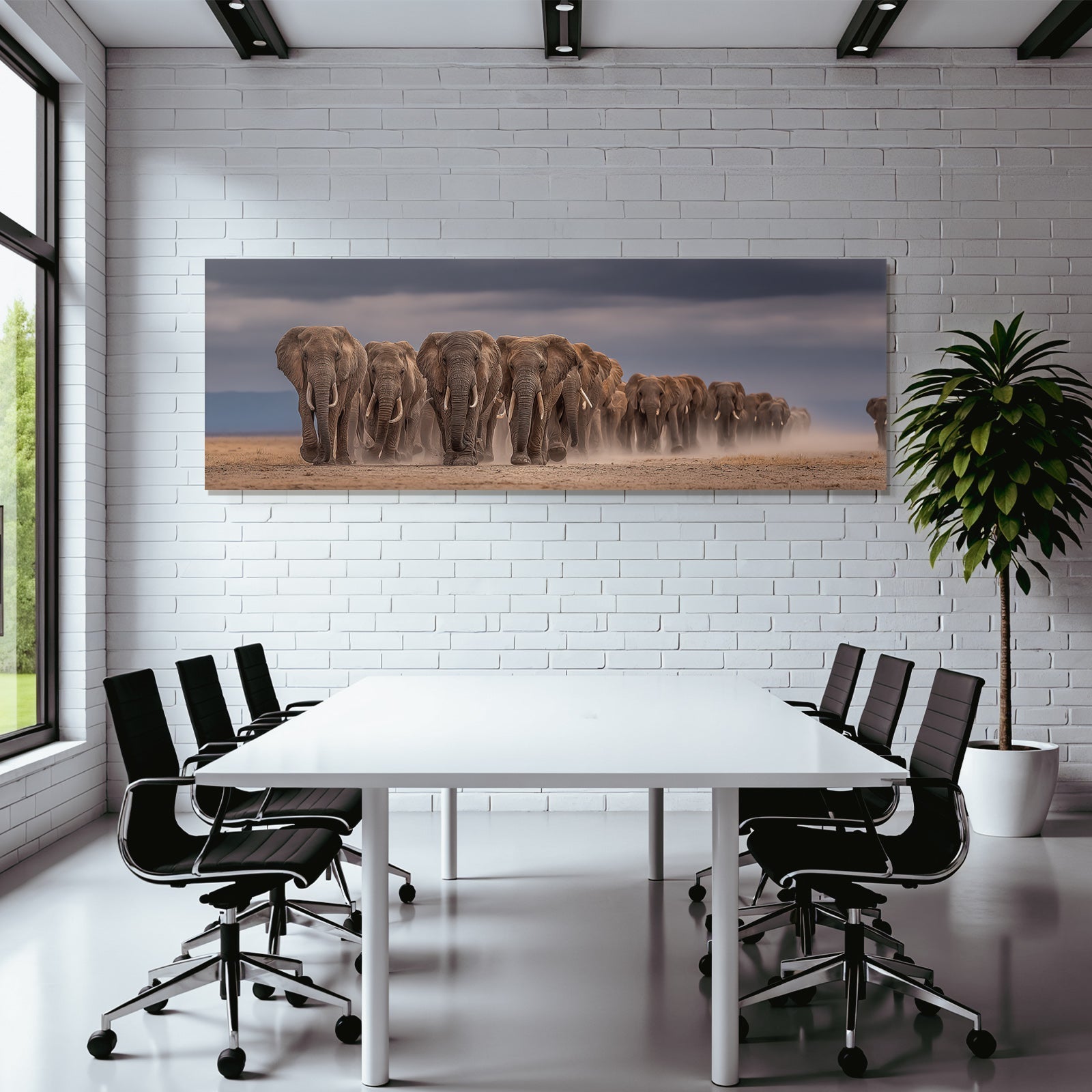 Herde Von Elefanten Marschiert Durch Eine Staubbedeckte Landschaft