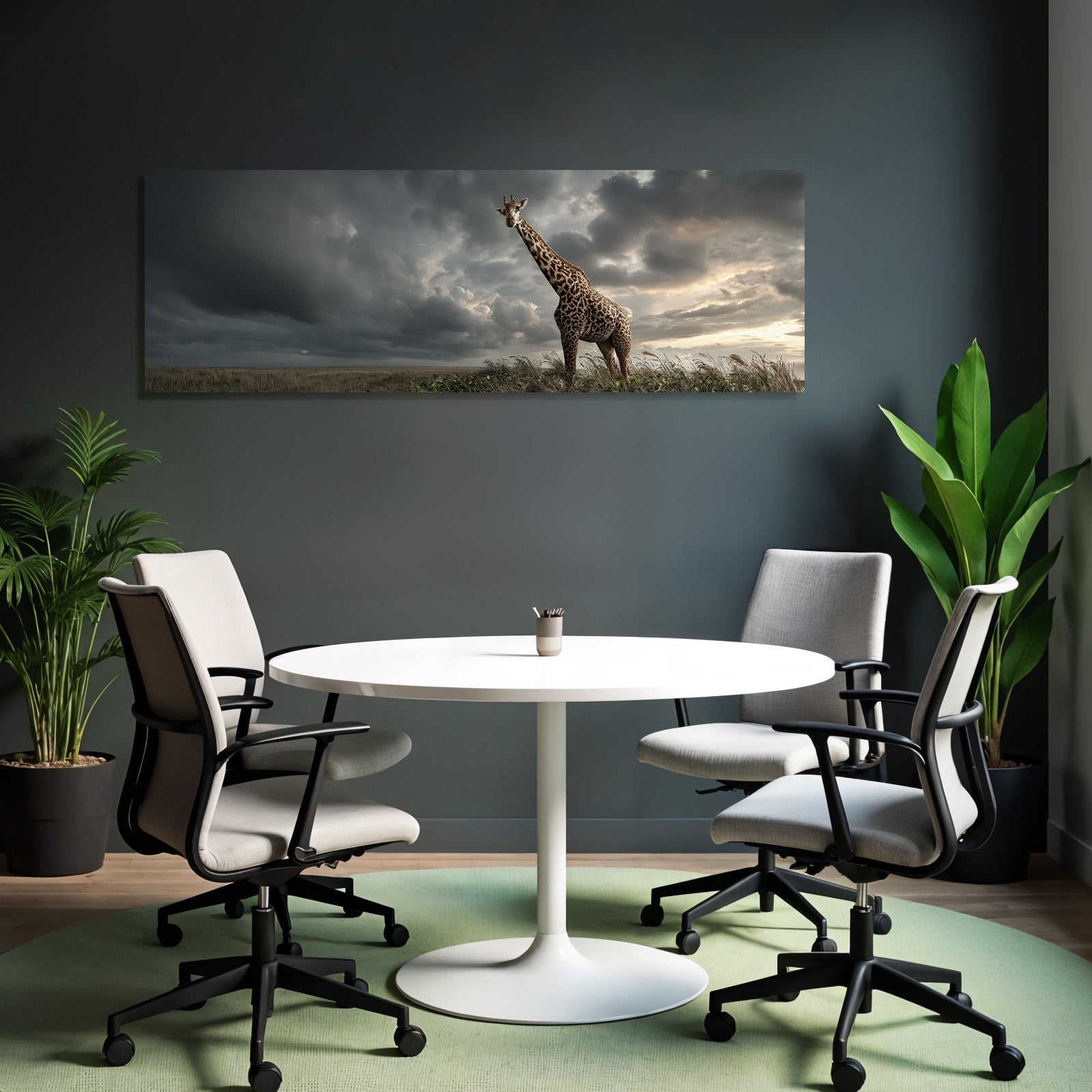 Hohe Giraffe Im Grünen Landschaft Unter Dramatischem Himmel