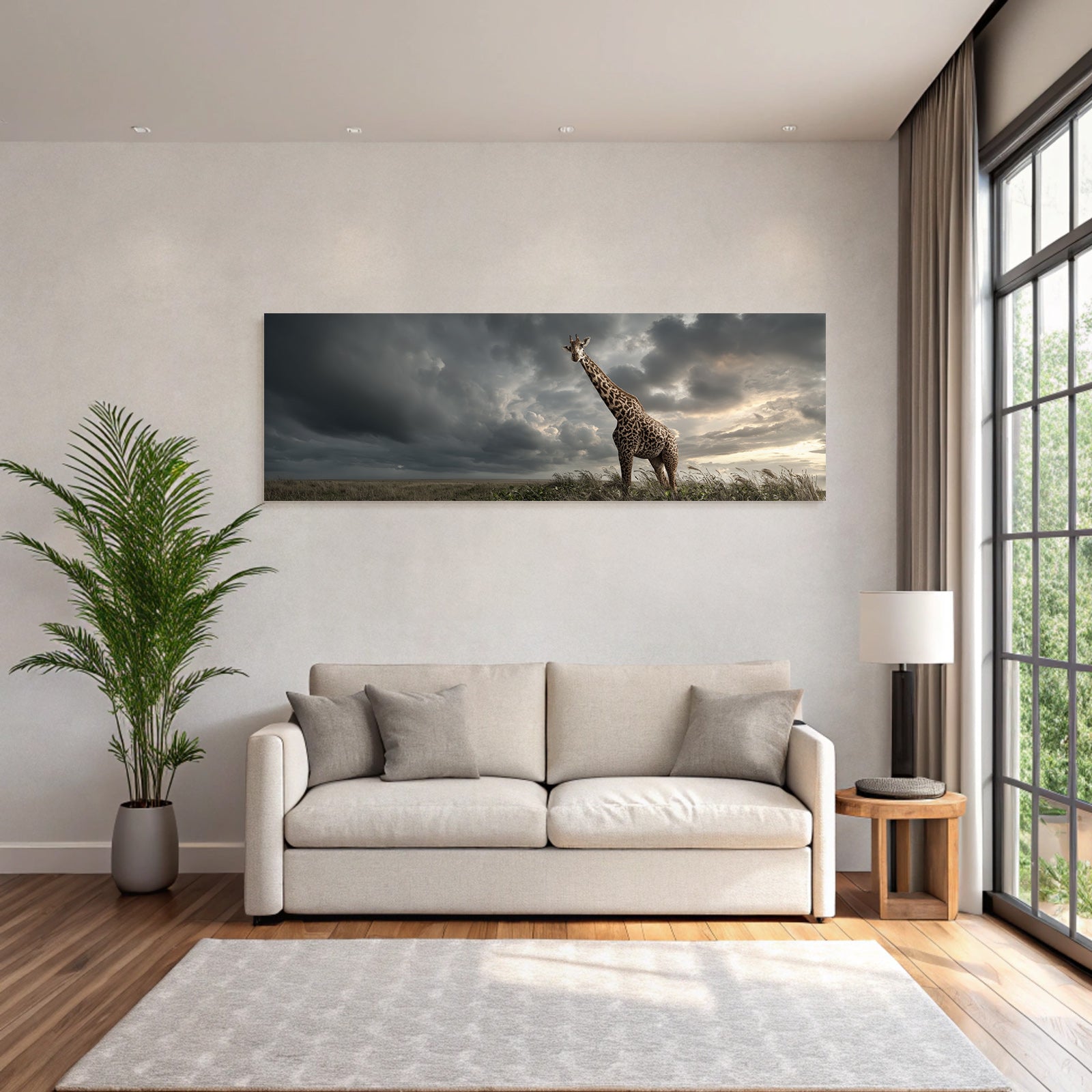 Hohe Giraffe Im Grünen Landschaft Unter Dramatischem Himmel