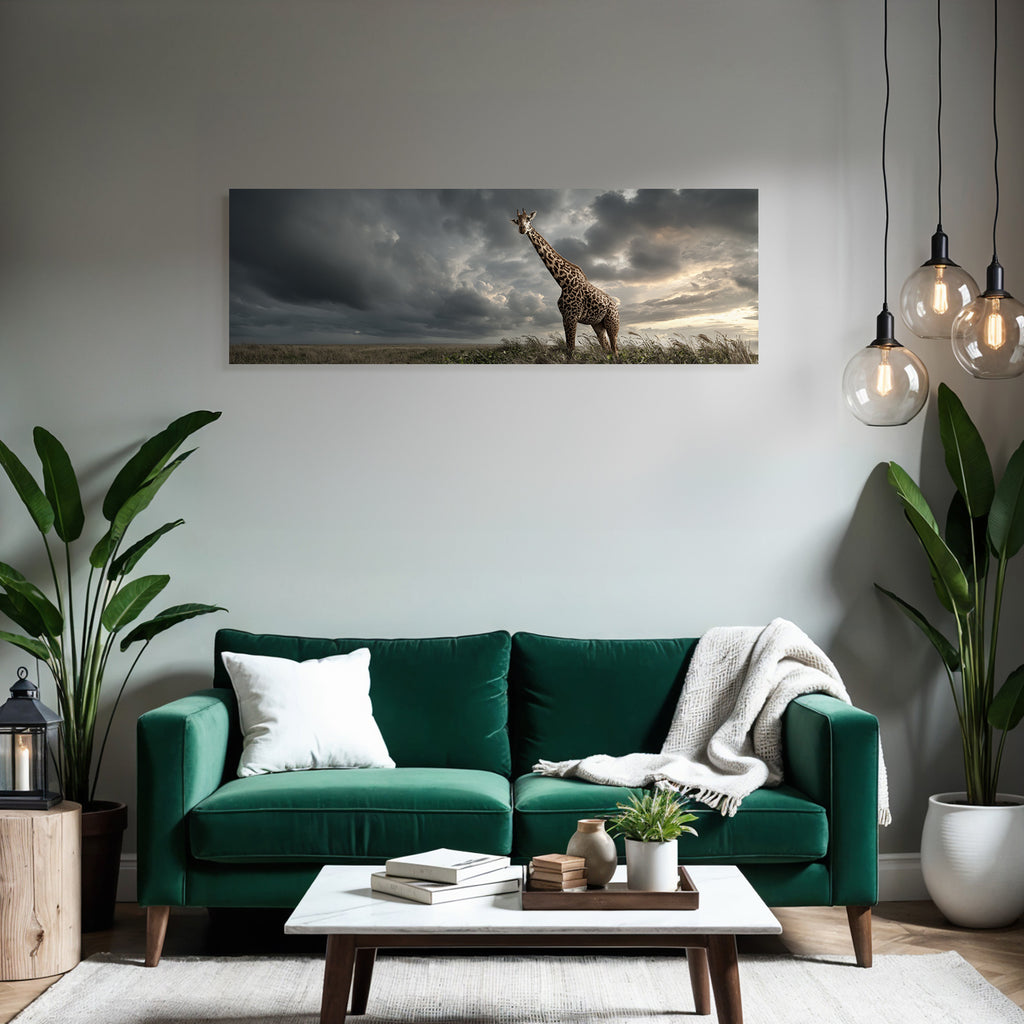 Hohe Giraffe Im Grünen Landschaft Unter Dramatischem Himmel