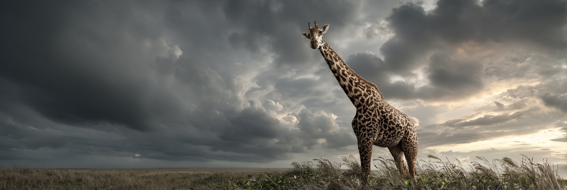 Hohe Giraffe Im Grünen Landschaft Unter Dramatischem Himmel | Safari und Wildtiere | Tiere