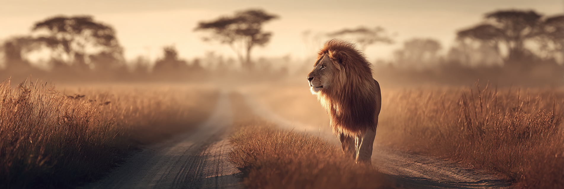 Lion Auf Dem Dirt Path Im Landschaft Mit Gras Und Bäumen | Safari und Wildtiere | Tiere