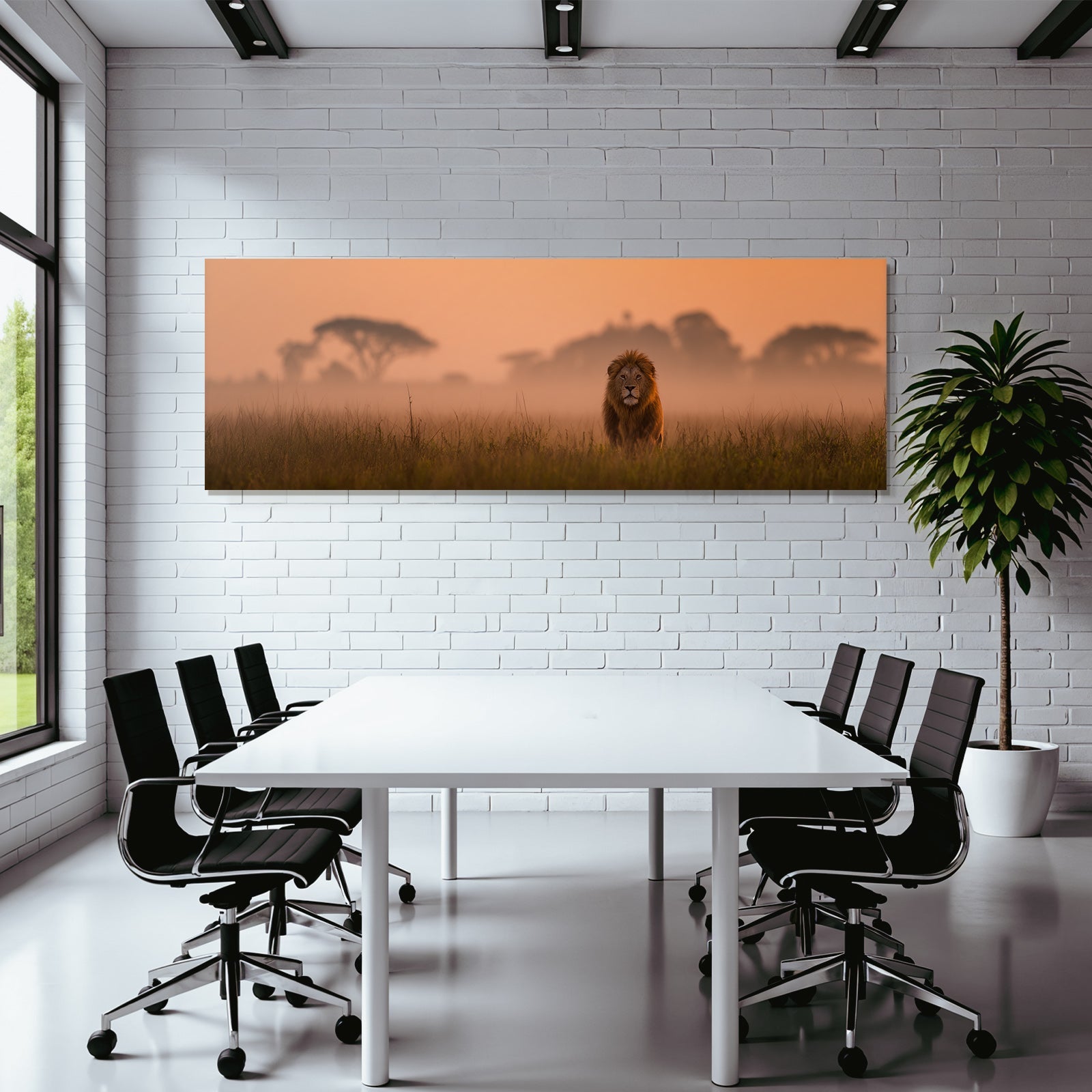 Lion Im Feld Bei Sonnenuntergang Mit Nebeligem Hintergrund
