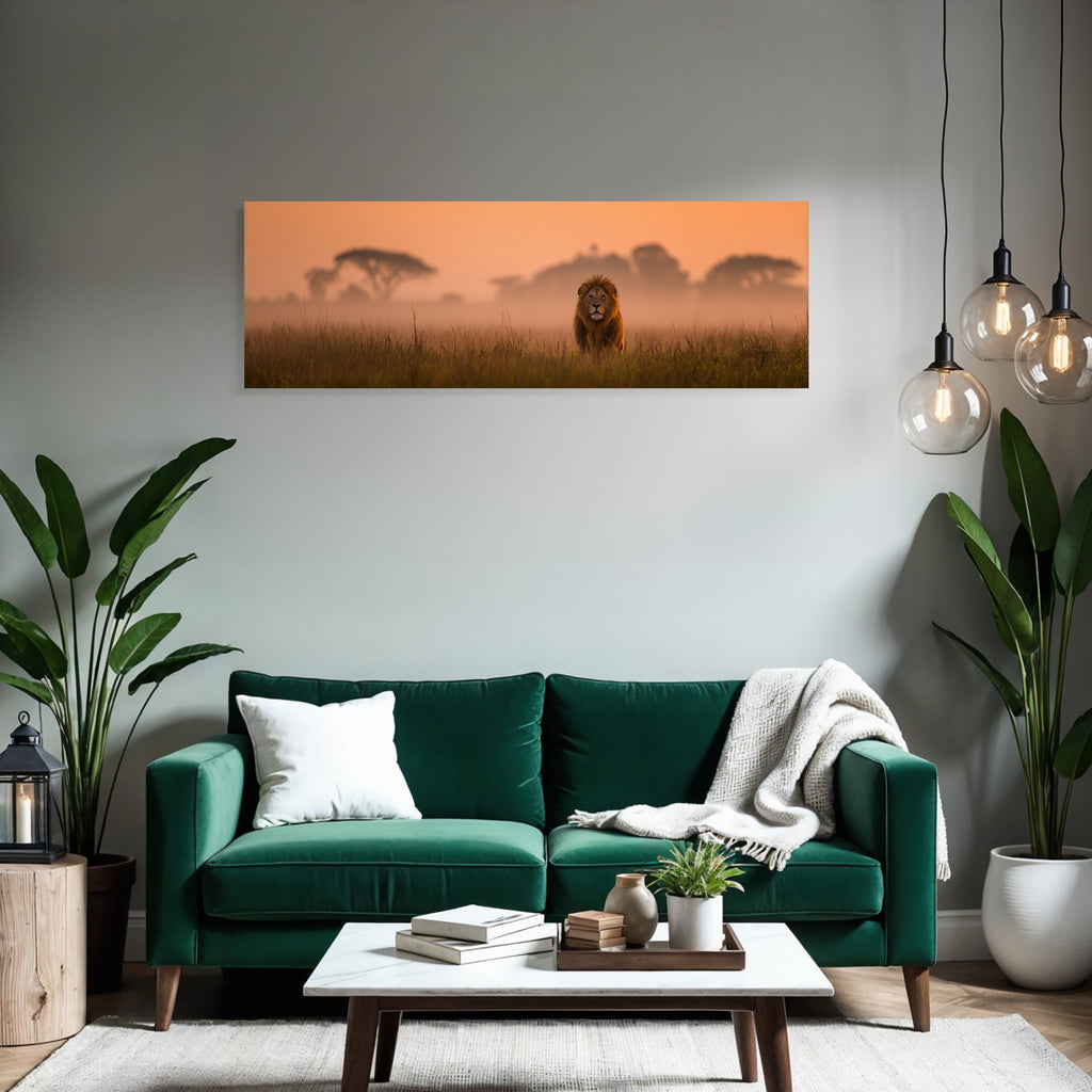 Lion Im Feld Bei Sonnenuntergang Mit Nebeligem Hintergrund