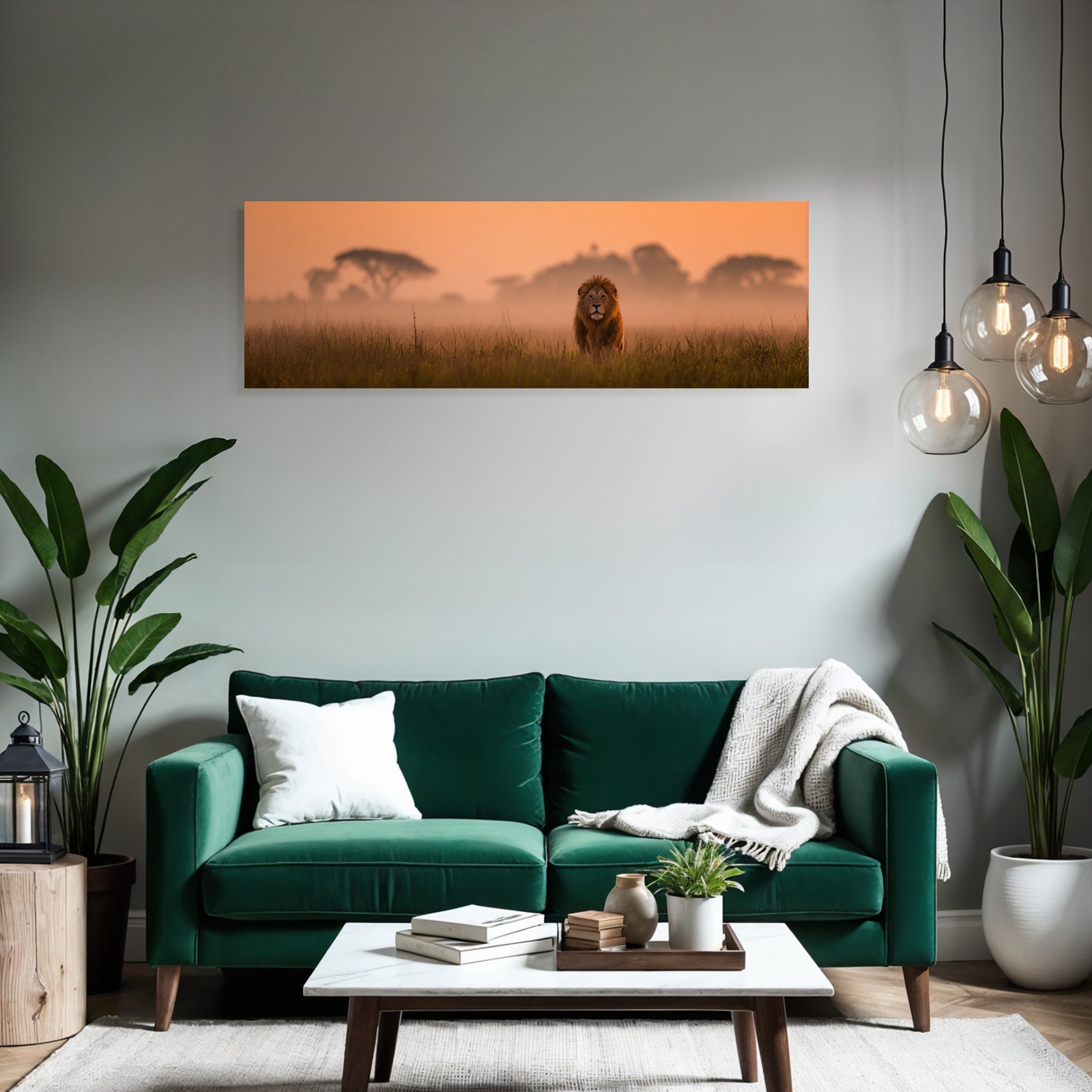Lion Im Feld Bei Sonnenuntergang Mit Nebeligem Hintergrund