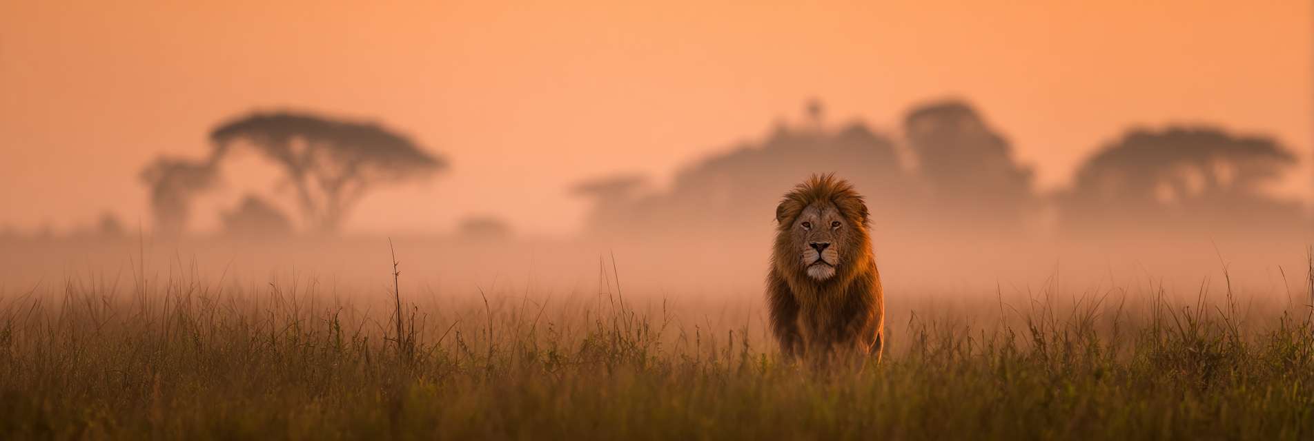 Lion Im Feld Bei Sonnenuntergang Mit Nebeligem Hintergrund | Safari und Wildtiere | Tiere