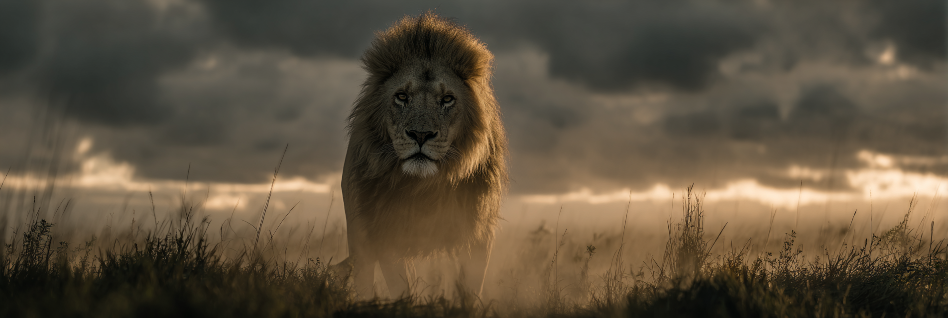 Lion Im Feld Mit Dramatischem Himmel | Safari und Wildtiere | Tiere