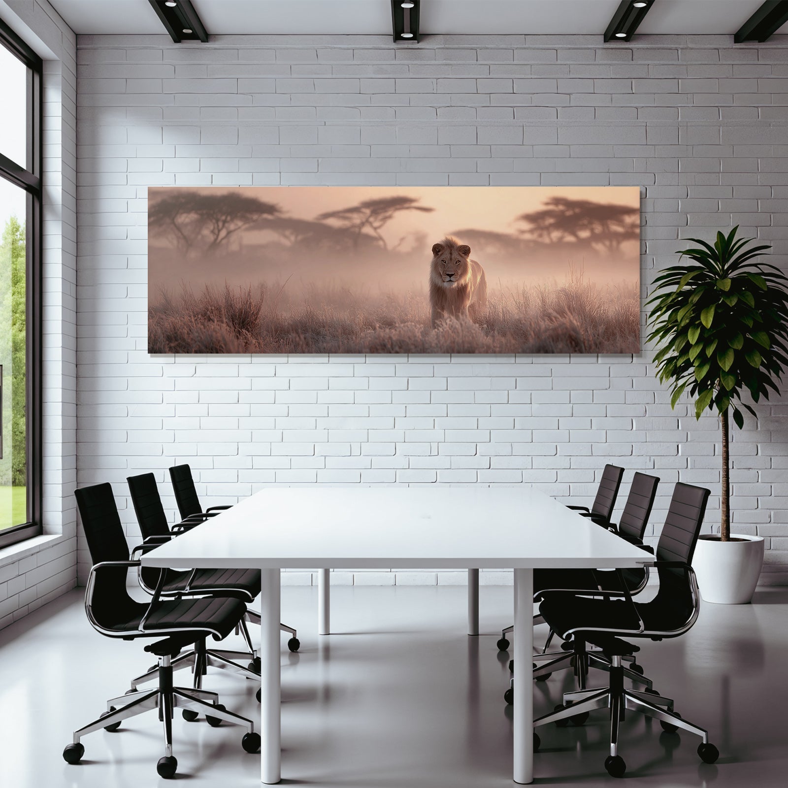 Lion Im Misty Landscape Im Savanna Bei Dämmerung