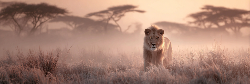 Lion Im Misty Landscape Im Savanna Bei Dämmerung | Safari und Wildtiere | Tiere