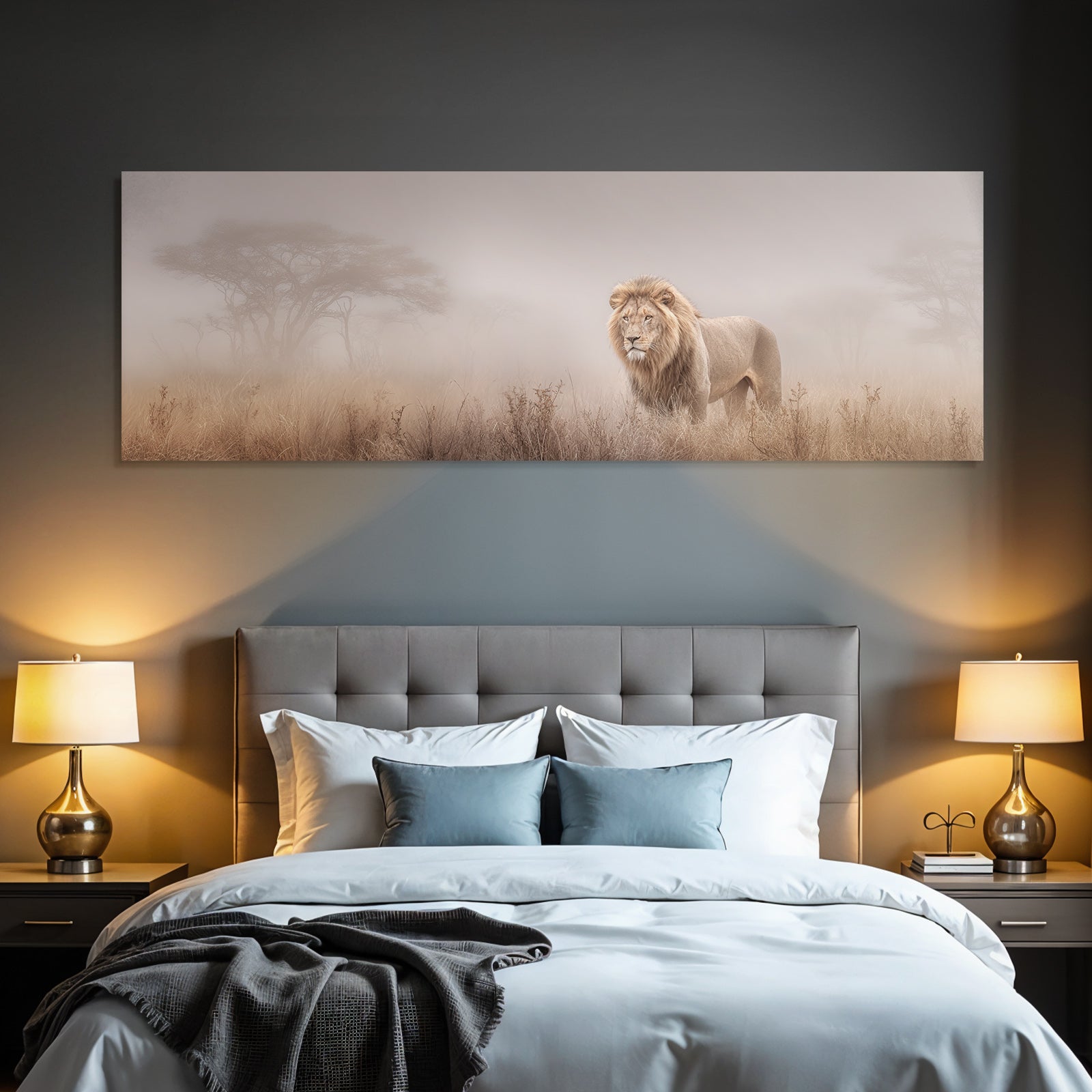 Lion Im Misty Landscape Mit Gras Und Bäumen