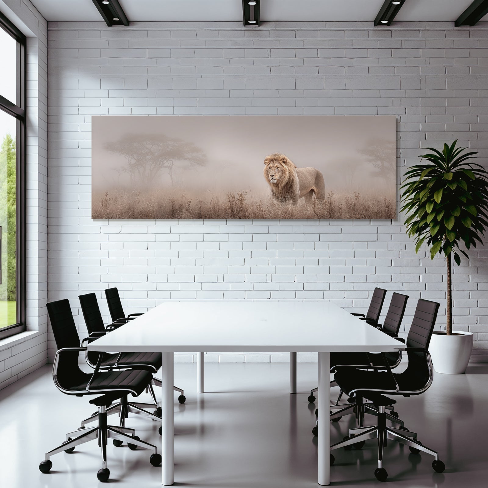 Lion Im Misty Landscape Mit Gras Und Bäumen