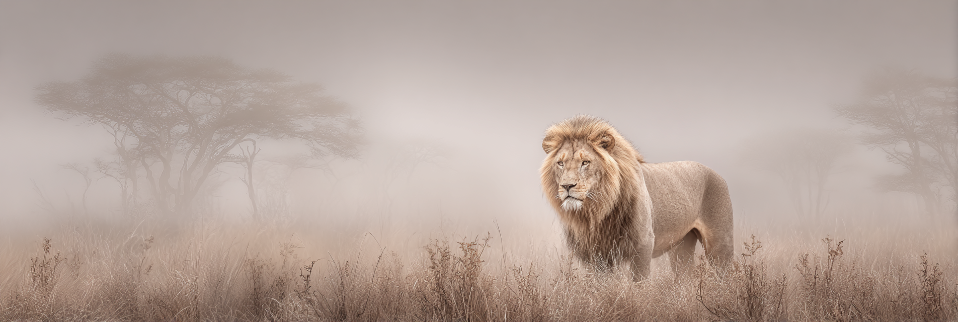 Lion Im Misty Landscape Mit Gras Und Bäumen | Safari und Wildtiere | Tiere