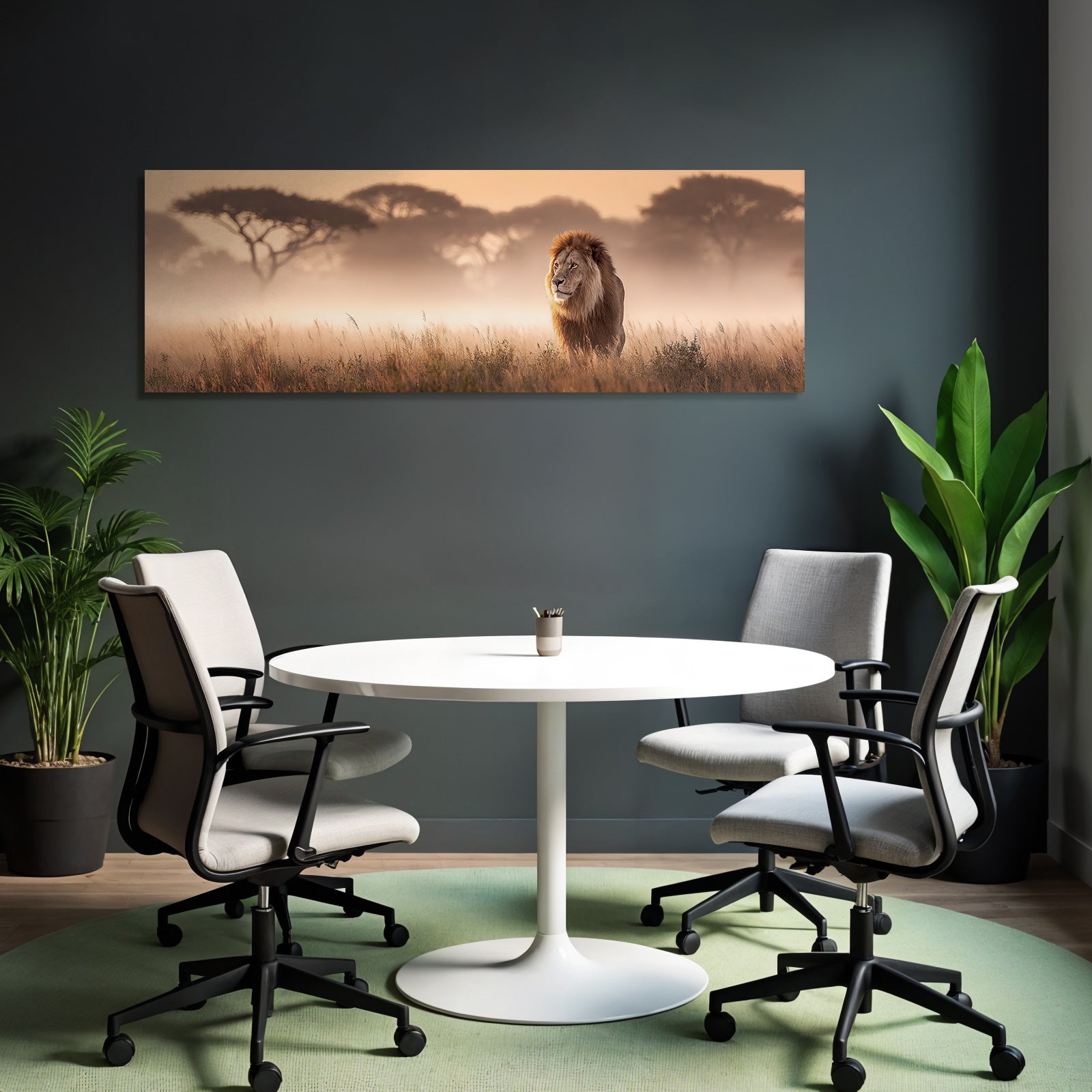 Lion Im Nebligen Grassland Mit Sonnenuntergang Hintergrund