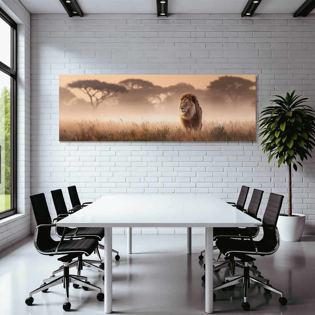 Lion Im Nebligen Grassland Mit Sonnenuntergang Hintergrund