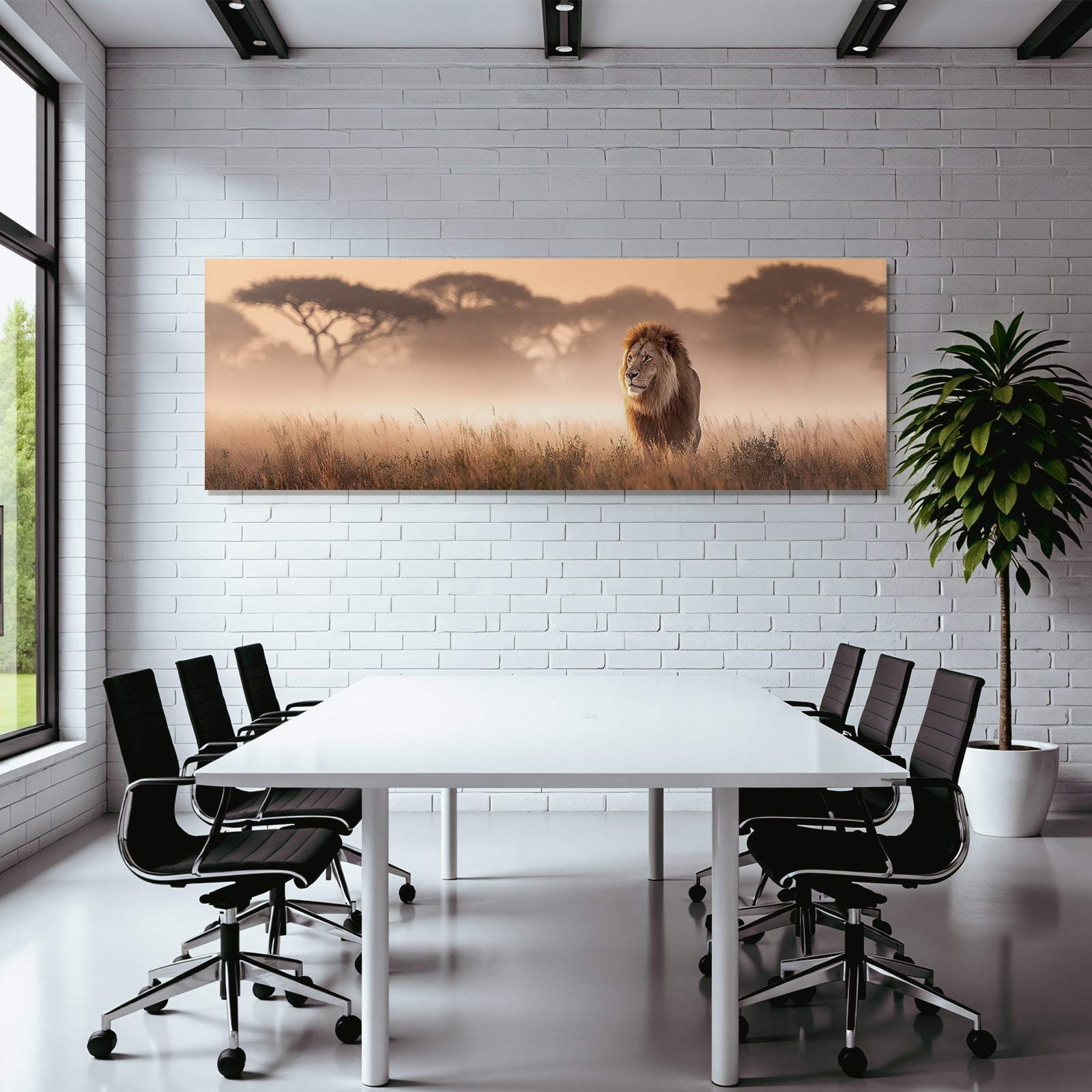 Lion Im Nebligen Grassland Mit Sonnenuntergang Hintergrund