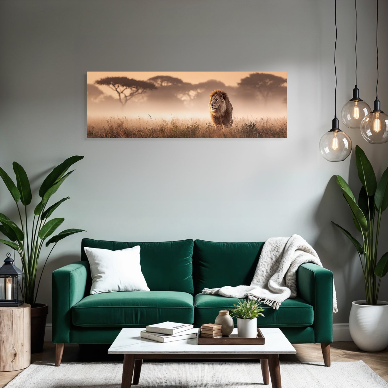 Lion Im Nebligen Grassland Mit Sonnenuntergang Hintergrund