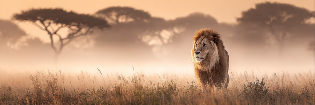 Lion Im Nebligen Grassland Mit Sonnenuntergang Hintergrund | Safari und Wildtiere | Tiere