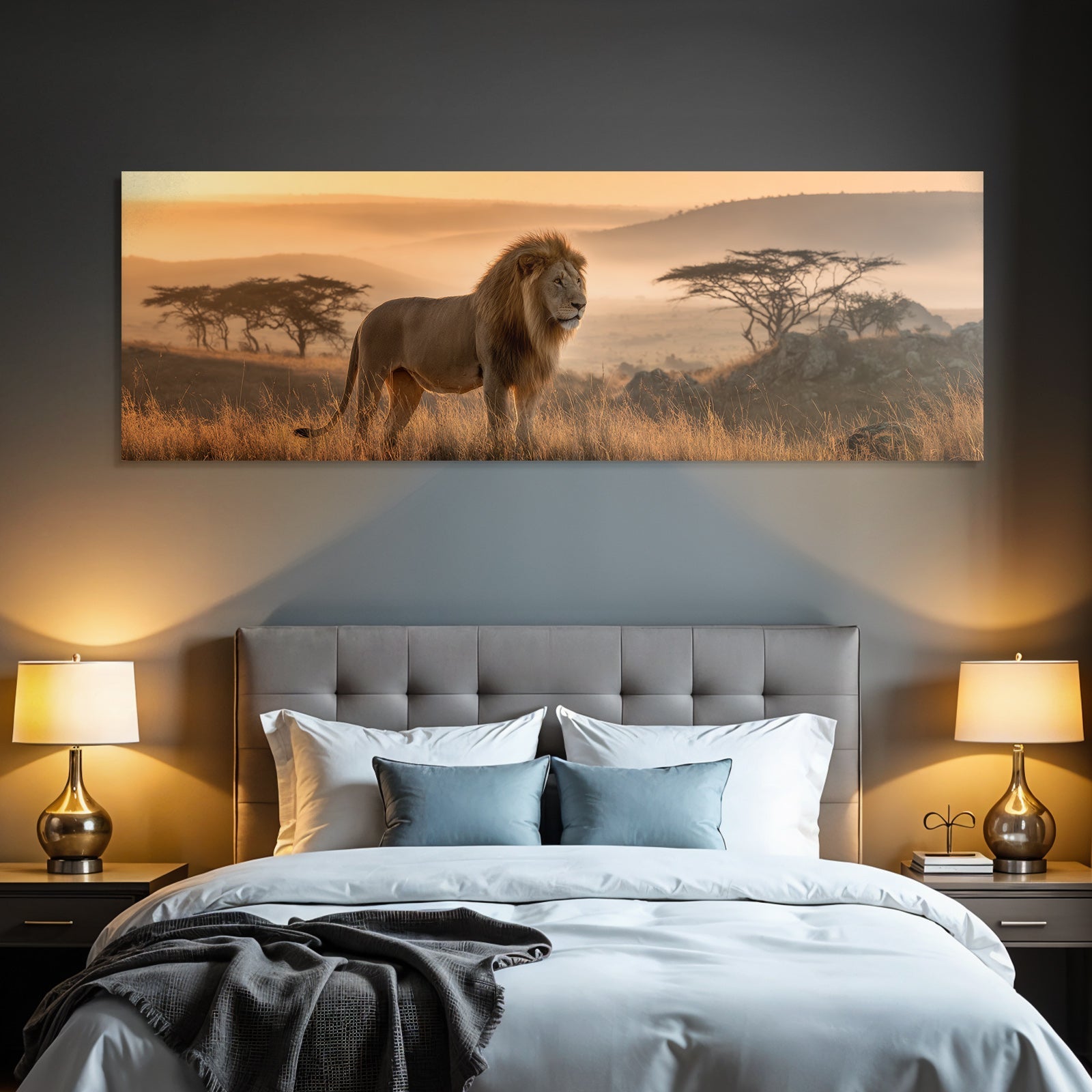 Lion Im Savanne Bei Sonnenuntergang Mit Goldenen Hüs