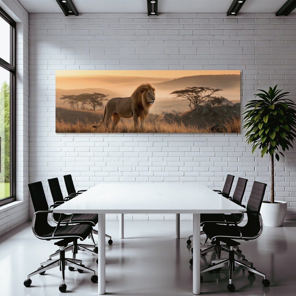 Lion Im Savanne Bei Sonnenuntergang Mit Goldenen Hüs