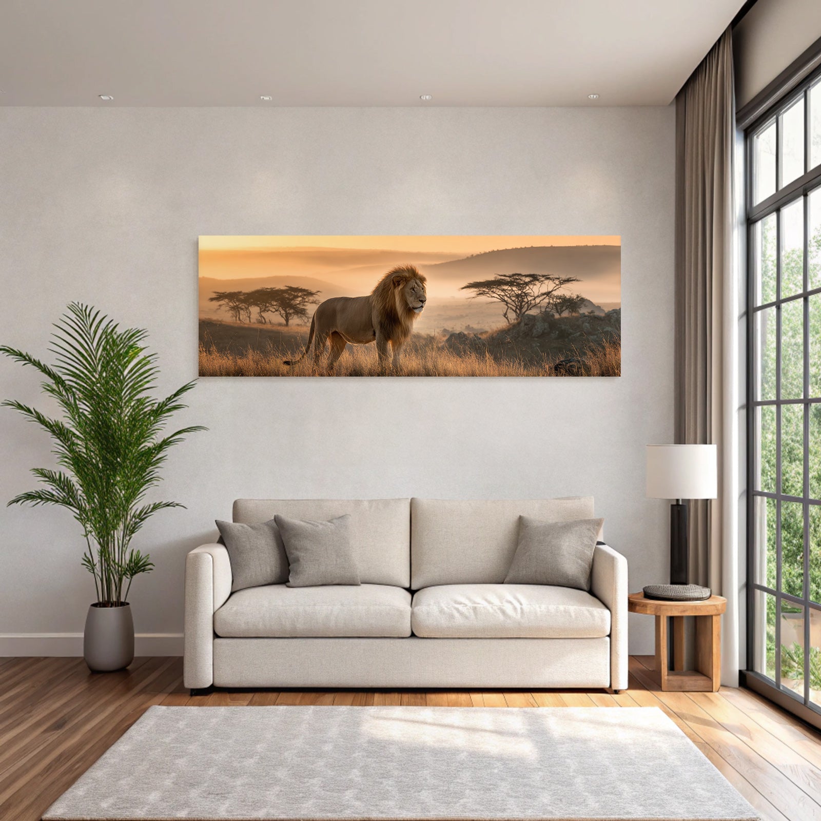 Lion Im Savanne Bei Sonnenuntergang Mit Goldenen Hüs