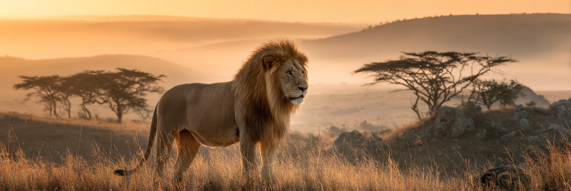 Lion Im Savanne Bei Sonnenuntergang Mit Goldenen Hüs | Safari und Wildtiere | Tiere