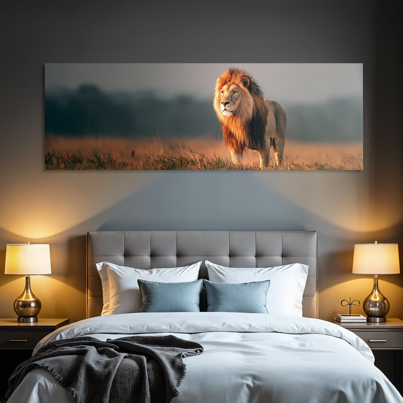 Lion In Grassy Field Natural Habitat Warm Lighting