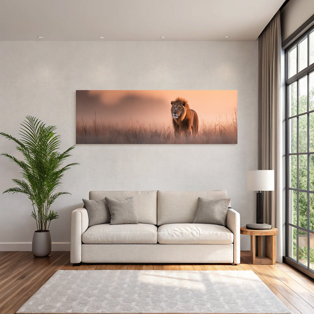 Lion In Nebligem Landscape Während Sonnenaufgang Oder Sonnenuntergang