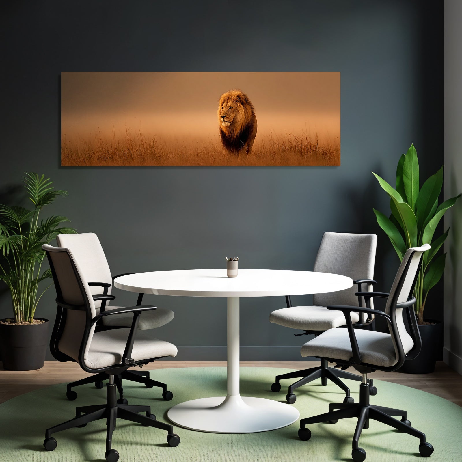 Lion Stehend In Grüner Landschaft Bei Sonnenuntergang