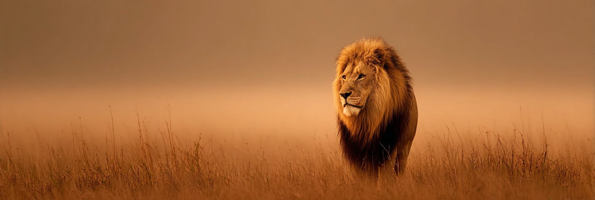 Lion Stehend In Grüner Landschaft Bei Sonnenuntergang | Safari und Wildtiere | Tiere